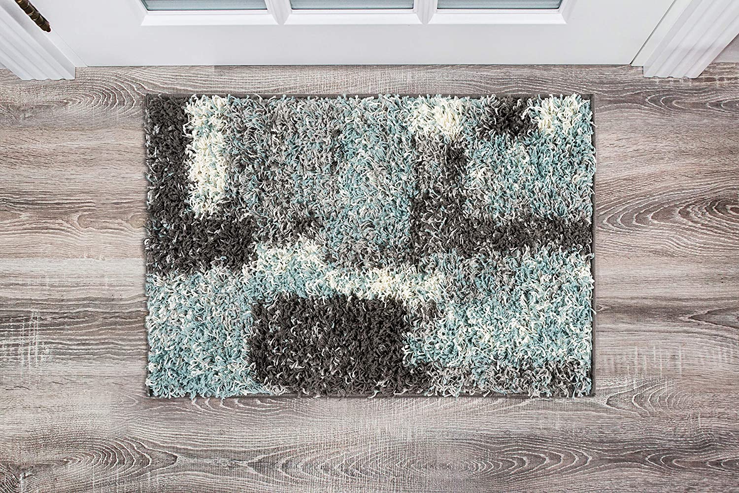 RUGSHOP Distressed Modern Boxes Blue Plush Shag Area Rug, 2' x 3'