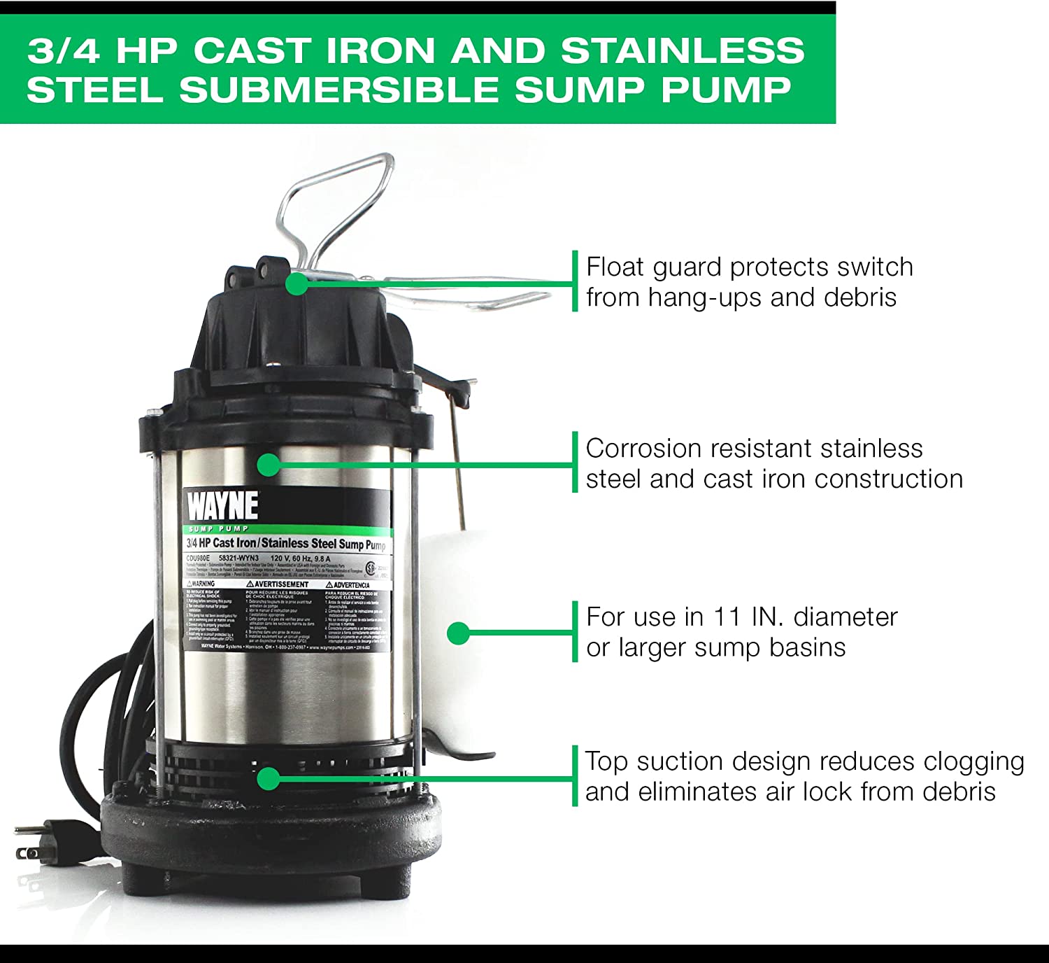 WAYNE® CDU980E 3/4 HP STAINLESS STEEL SUMP PUMP