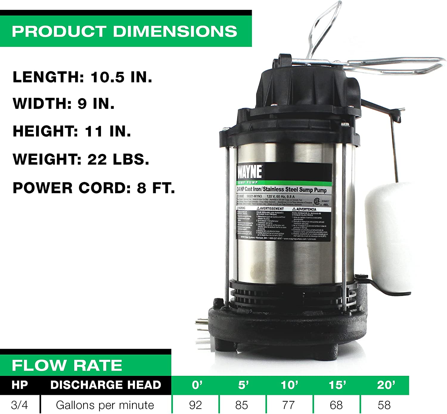 WAYNE® CDU980E 3/4 HP STAINLESS STEEL SUMP PUMP