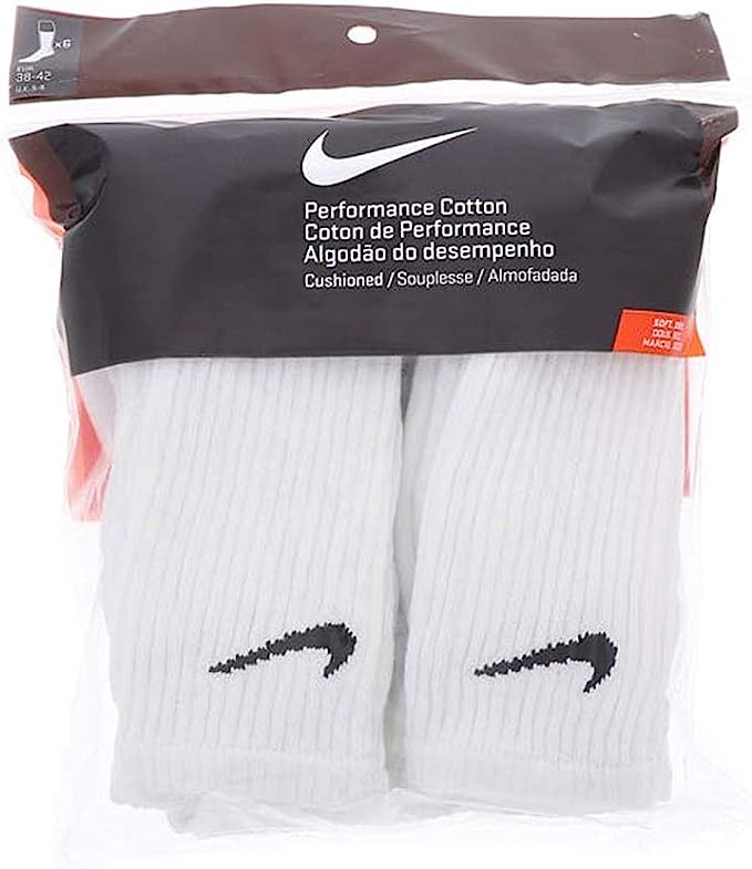 Nike Unisex Performance Cushion Crew Socks with Bag (6 Pairs), White/Black L (W 10-13 / M 8-12)