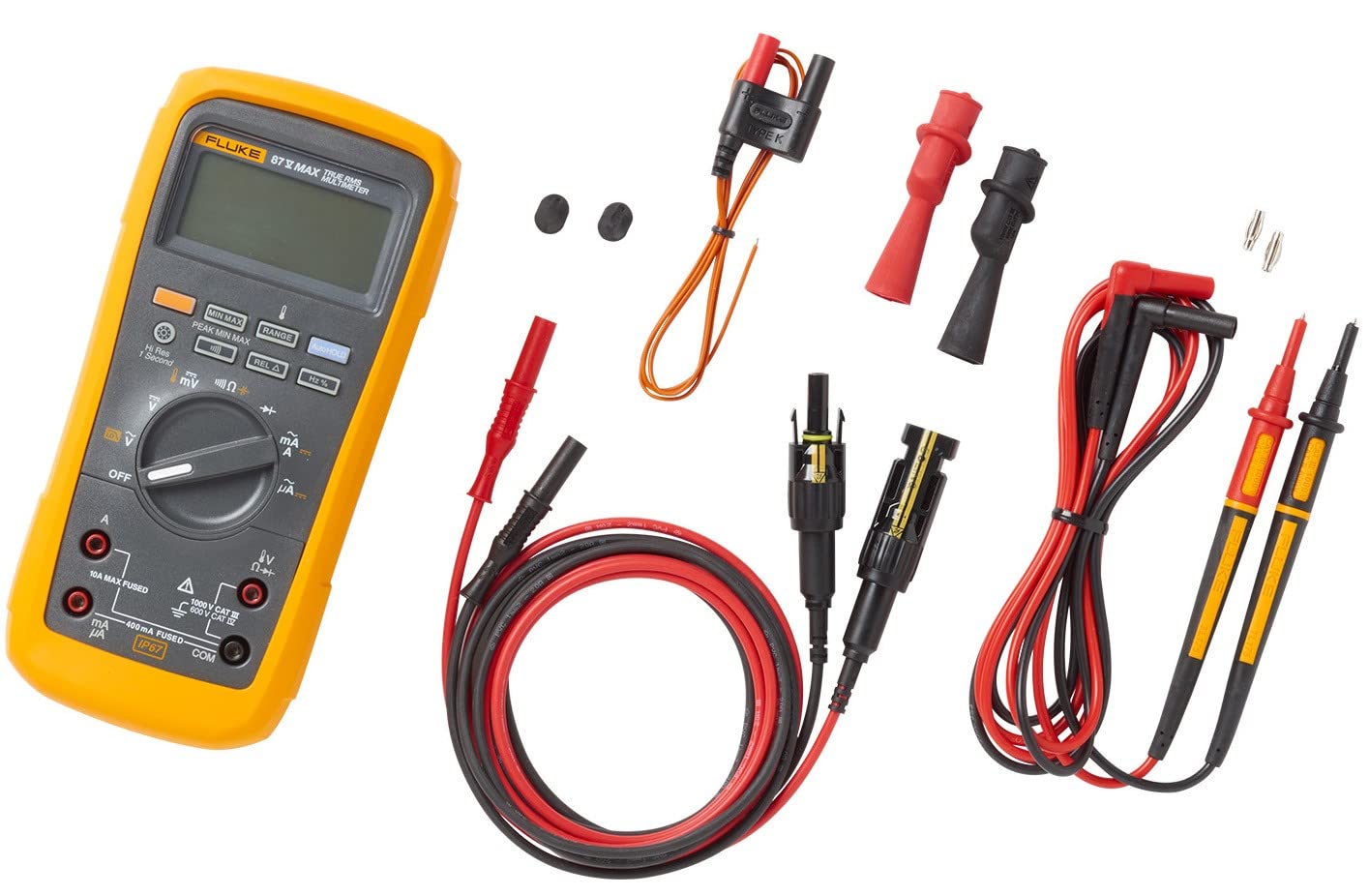 FLUKE® 87V MAX True-rms Digital Multimeter & with Solar Test Lead Kit & Case & MC4 Test Leads and Holster