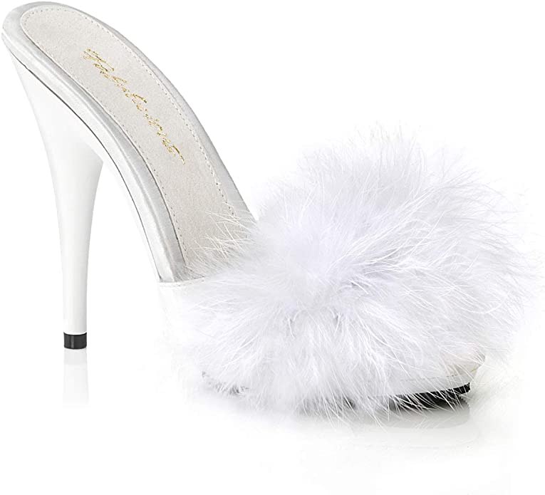 FABULICIOUS Poise-501F Women's Marabou Slipper, White Satin-marabou Fur/White