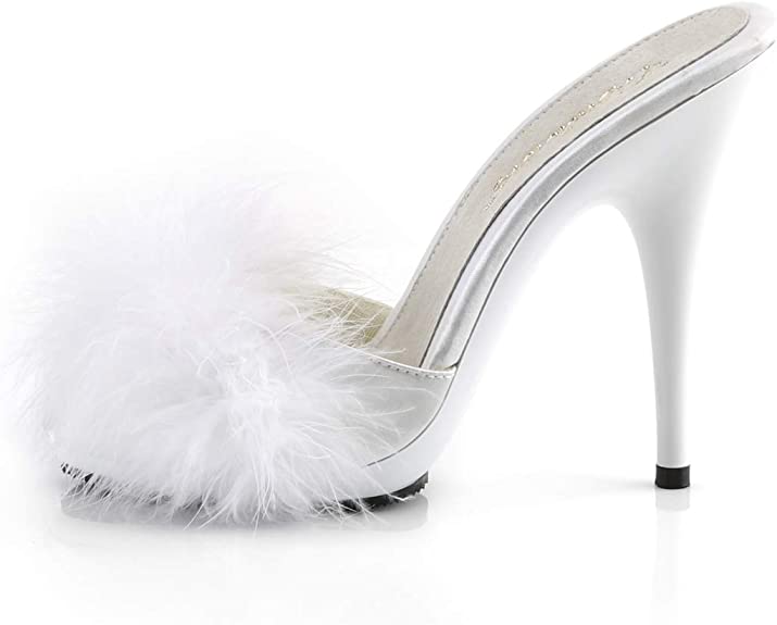 FABULICIOUS Poise-501F Women's Marabou Slipper, White Satin-marabou Fur/White