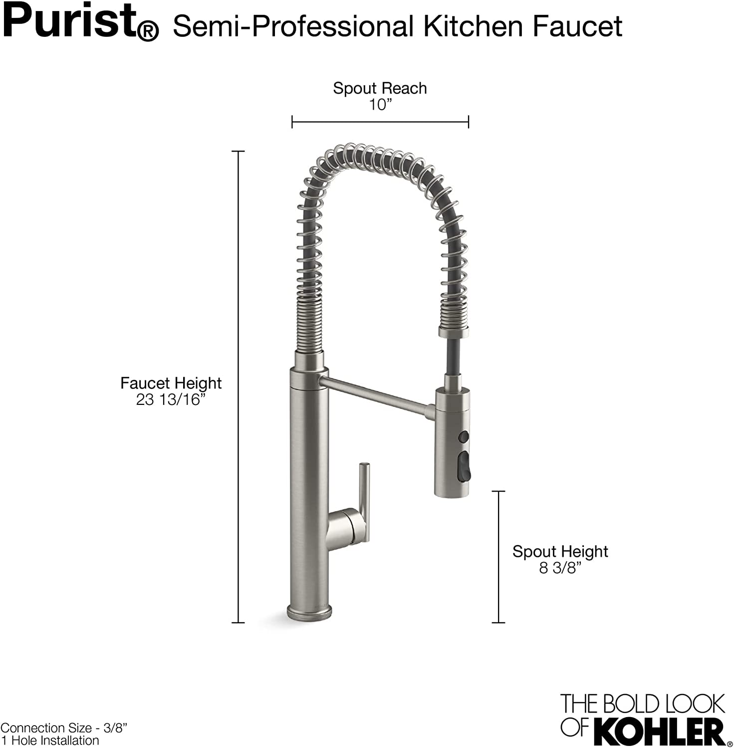 KOHLER® 24982-BL Purist® Semi-professional kitchen sink faucet with three-function sprayhead, Matte Black