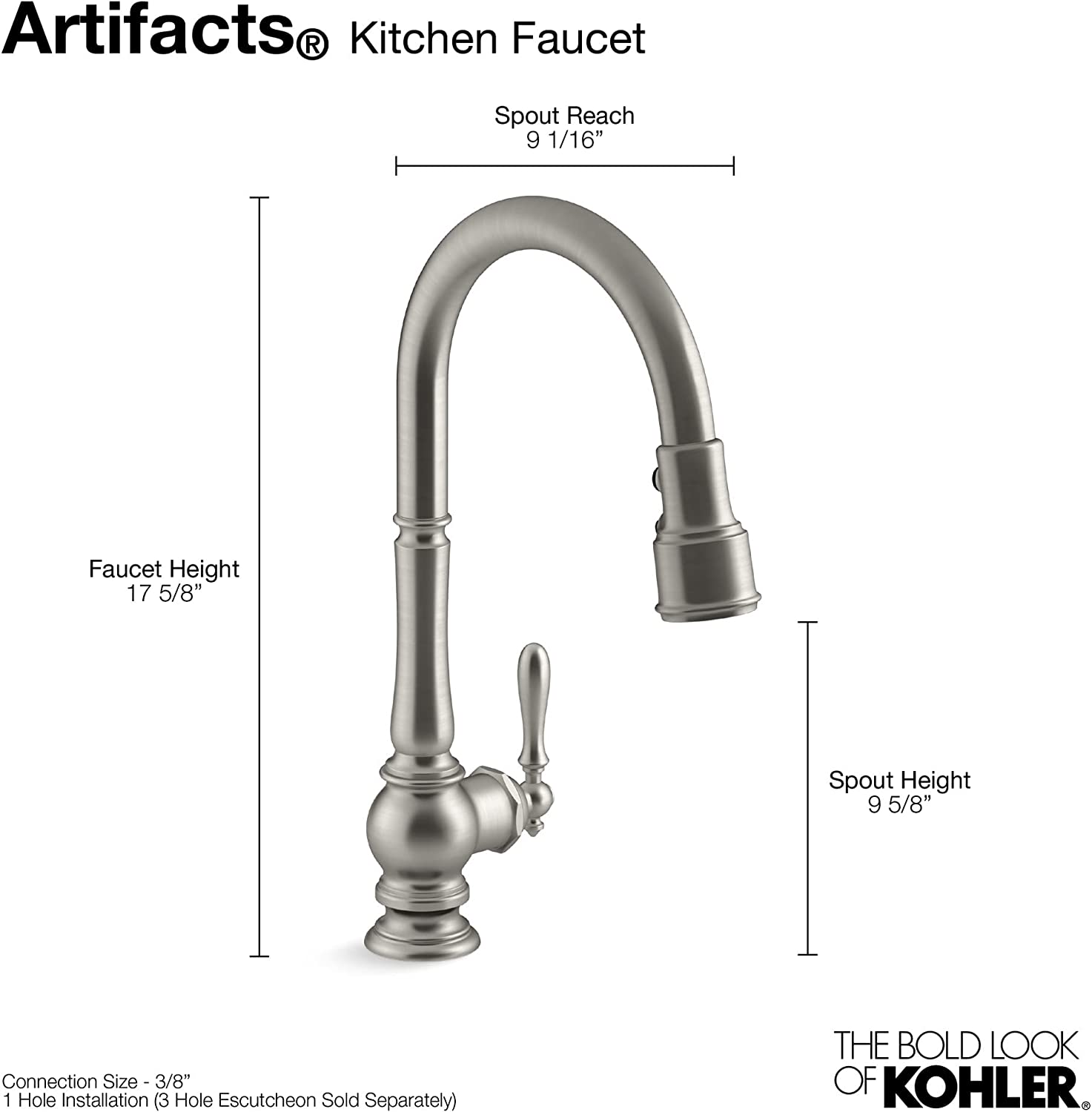 KOHLER® K-99259-VS Artifacts® Pull-down kitchen sink faucet with three-function sprayhead, Vibrant Stainless