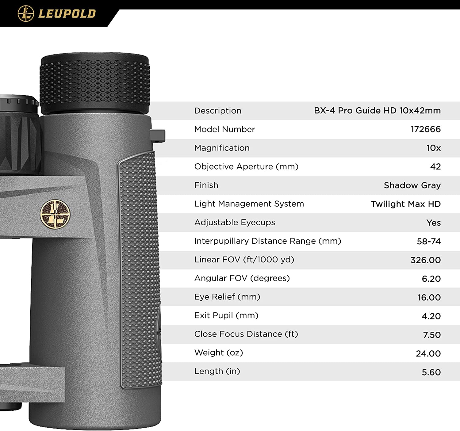 LEUPOLD 172666 BX®-4 Pro Guide® HD 10X42MM, Shadow Gray