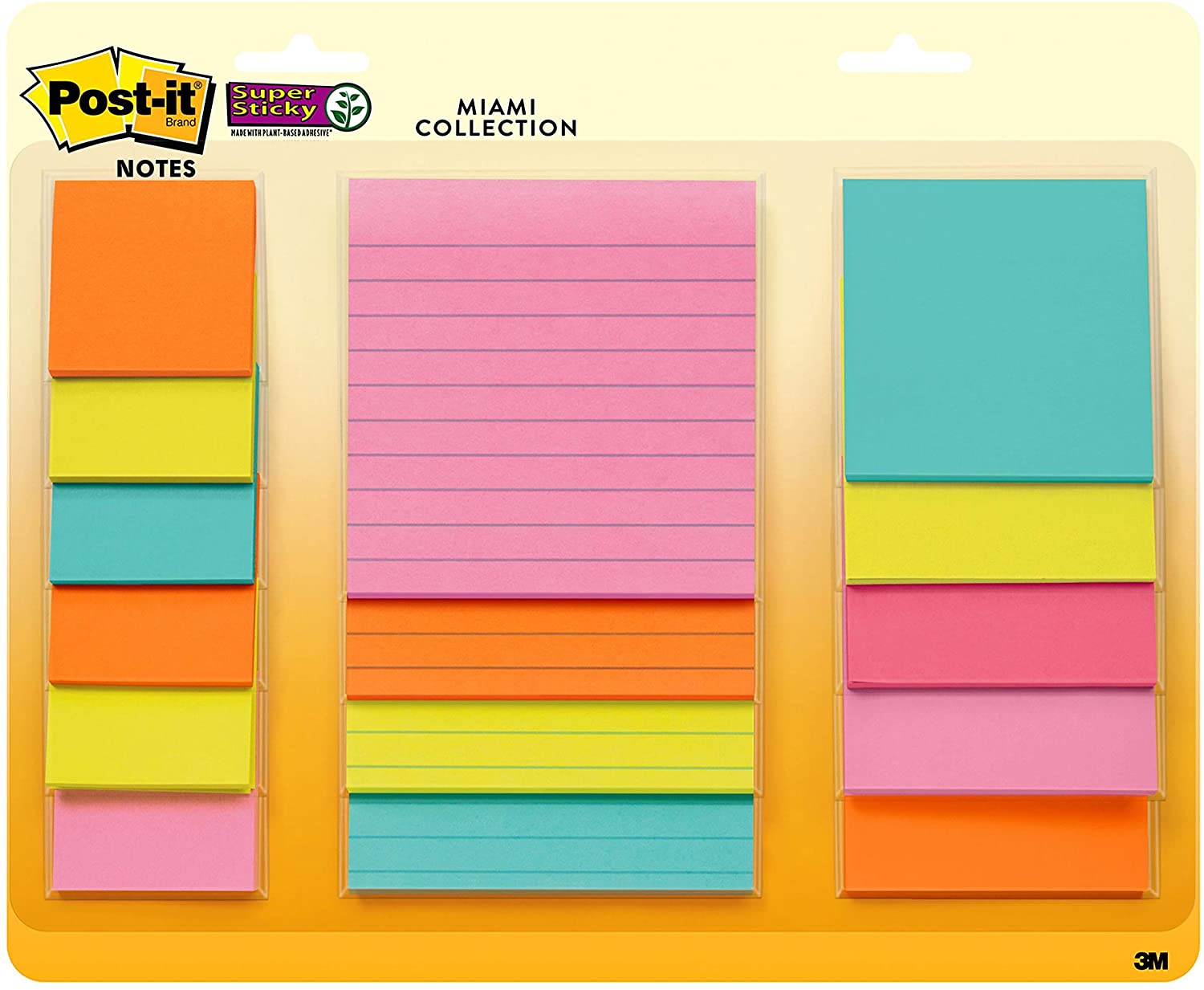 Post-it® Super Sticky Notes, Assorted Sizes, Miami Collection, Lined, 15 Pads/Pack, 45 Sheets/Pad