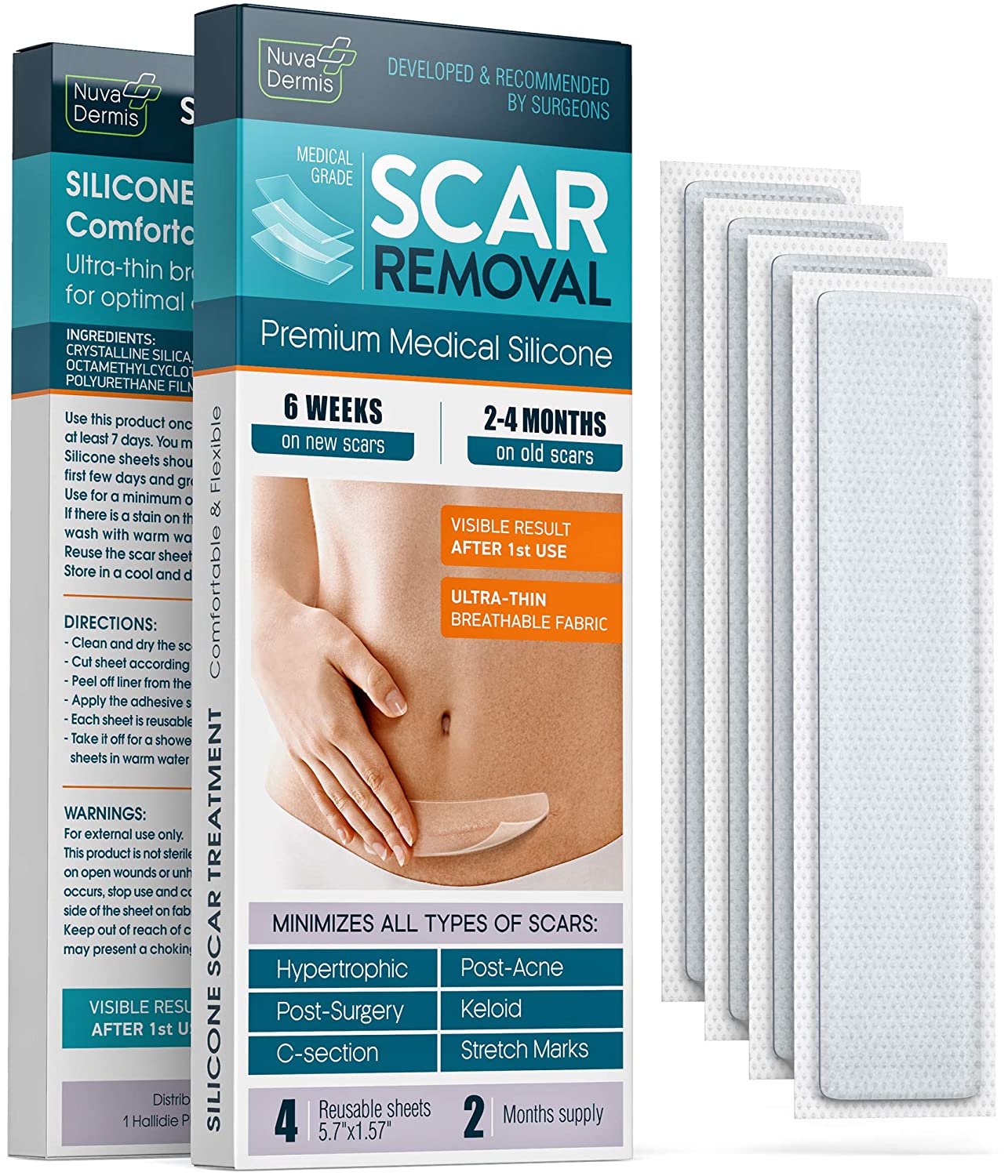 NUVADERMIS Scar Removal Premium Medical Silicone, 4 Sheets 5.7" x 1.57"