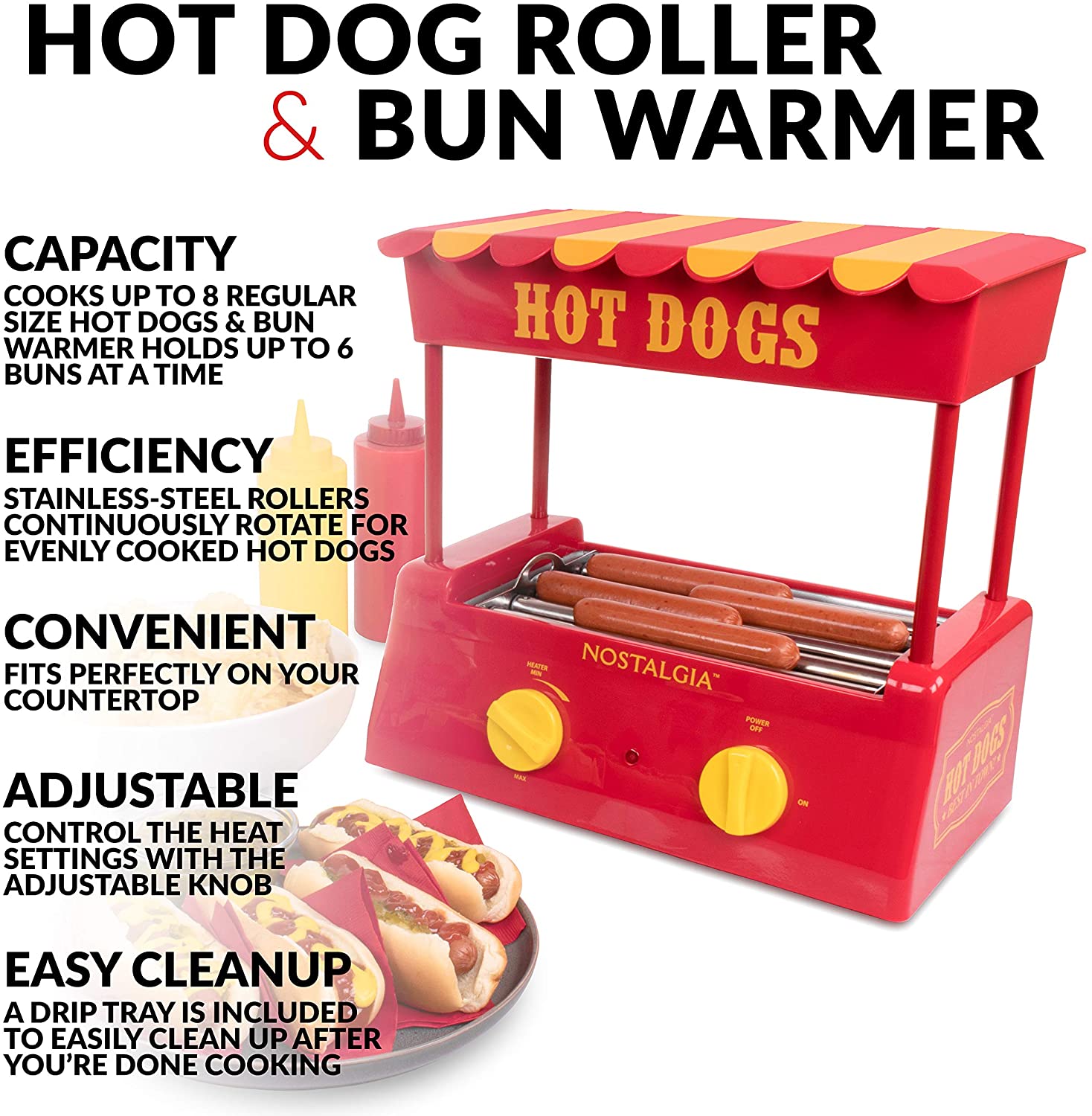 NOSTALGIA™ Hot Dog Roller and Bun Warmer, 8 Hot Dog and 6 Bun Capacity