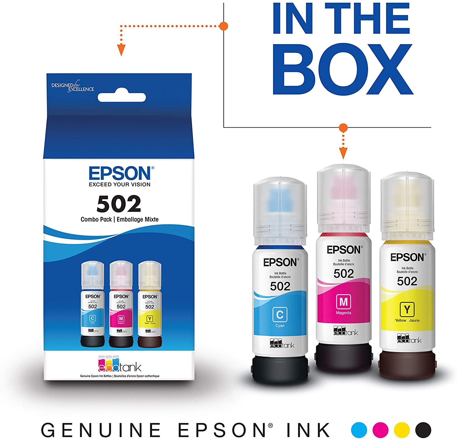 EPSON® T502, Multi-Color Ink Bottles, C/M/Y 3-Pack, T502520-S