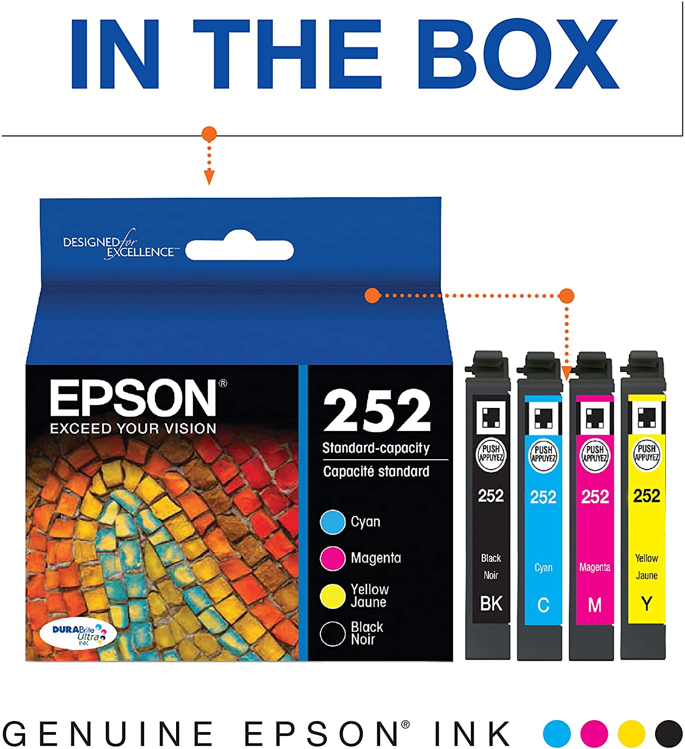 EPSON® 252, Black and Color Ink Cartridges, C/M/Y/K 4-Pack, T252120-BCS