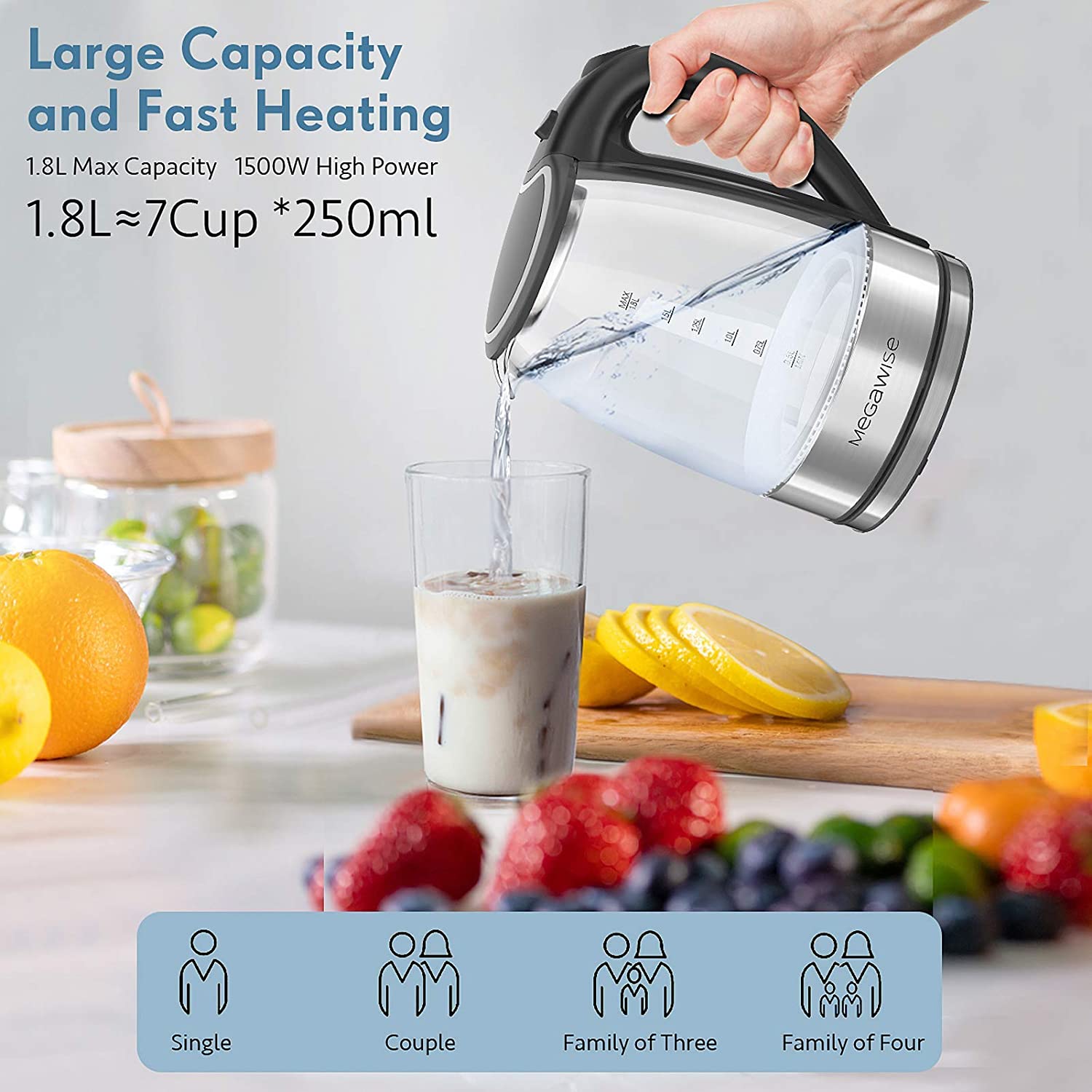 MEGAWISE 1500W Borosilicate Glass Electric Kettle with LED Light