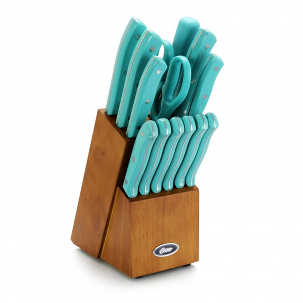 Oster Evansville 14 Piece Stainless Steel Blade Cutlery Set with Turquoise Plastic Handles