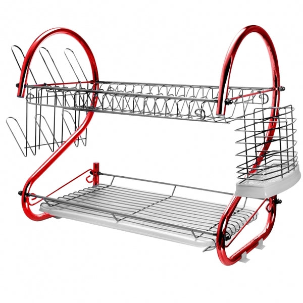 MegaChef 16 Inch Two Shelf Iron Wire Dish Rack in Red